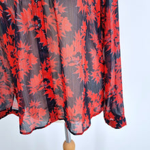 Load image into Gallery viewer, Hush Blouse Floral Print Red Shimmer Shirt Semi Sheer Chic Mandarin Collar 12
