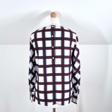 Load image into Gallery viewer, Hobbs Blouse Burgundy Boxy Check Print White Top Long Sleeves Work Smart 10
