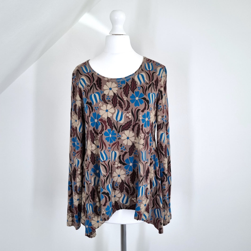 Gudrun Sjoden Top T-shirt Long Sleeves Floral Print Brown Scoop Waterfall Small