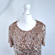 Load image into Gallery viewer, French Connection Sequin T-shirt Top Mesh Beige Embellished Party Lined 8
