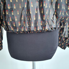 Load image into Gallery viewer, Zara Bodysuit Blouse Lipstick Print Black Billowy Sheer Organza Long Sleeve S
