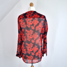 Load image into Gallery viewer, Hush Blouse Floral Print Red Shimmer Shirt Semi Sheer Chic Mandarin Collar 12
