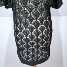 Load image into Gallery viewer, Mint Velvet Dress Crochet Tunic Top Mini Black Shimmery Fan Pattern Bardot 8
