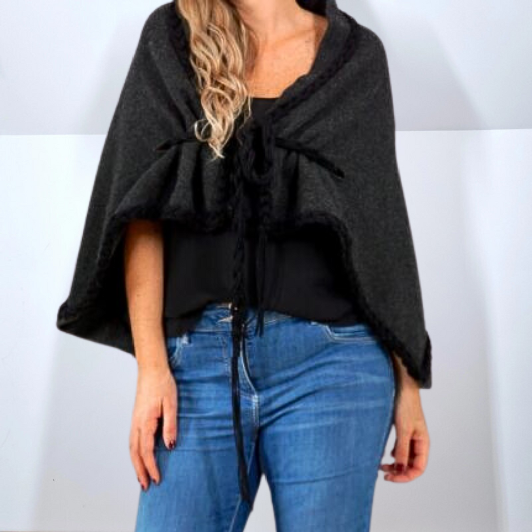 100% Wool Cape Flat 8 Hand Knitted Cardigan Wrap Shawl Shrug Grey Black One Size