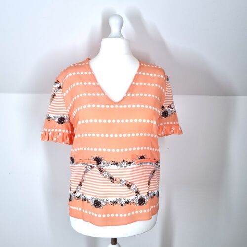 Marni Blouse 100% Silk Floral Mix Prints Peach V Neck Boxy Short Sleeves Top 16