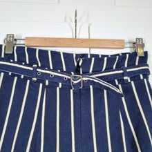 Load image into Gallery viewer, Reformation Trousers Paper Bag Belted Striped High Waist Pants Navy Blue UK 8
