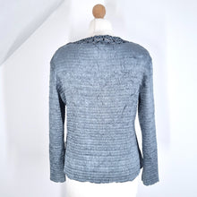 Load image into Gallery viewer, East Crinkle Cardigan Blouse Open Blue Sequins Sparkly Long Sleeves Coverup M L
