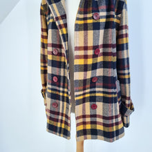 Load image into Gallery viewer, Tiffany Check Pea Coat Hooded Plaid Duffle Burgundy Mustard Beige Fur Trim XL
