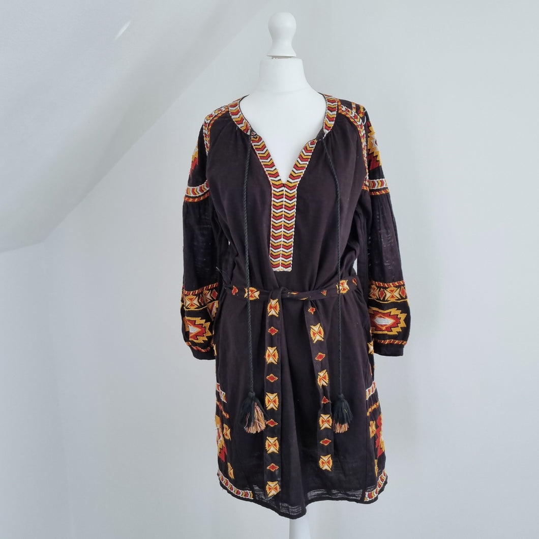 Next Embroidered Tunic Mini Dress Black Belted Kaftan Beach Boho Cotton Small