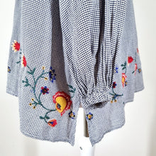 Load image into Gallery viewer, Zara Woman Embroidered Blouse Peasant Gingham Off the Shoulder Long Sleeves XS
