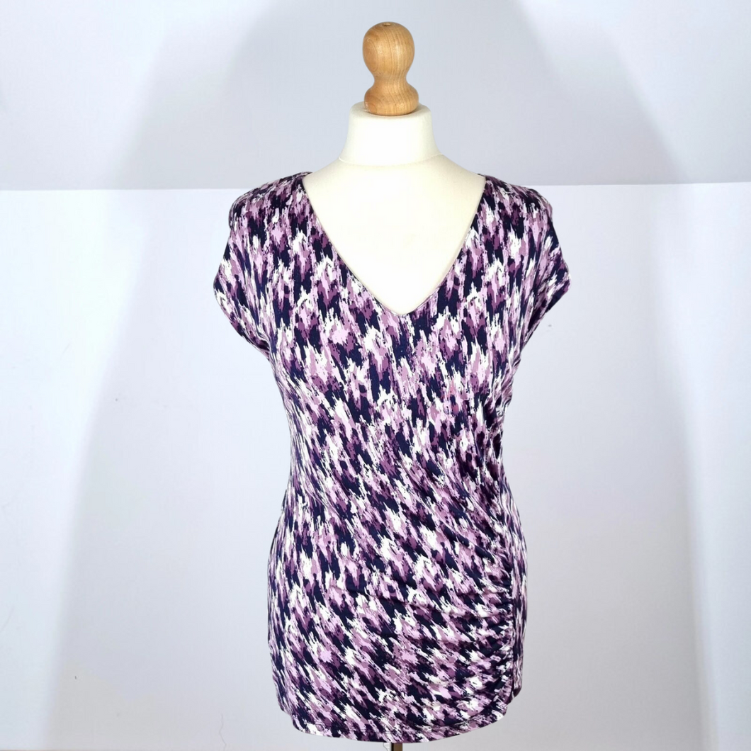 Ghost London Blouse Top Ruched Gathered Purple Lilac Pattern Short Sleeve 14