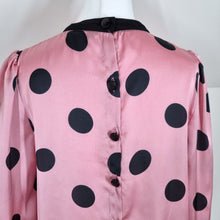 Load image into Gallery viewer, Zara Blouse Satin Polka Dots Pink Black High Neck 3/4 Sleeve Top Retro 50s Small
