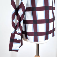 Load image into Gallery viewer, Hobbs Blouse Burgundy Boxy Check Print White Top Long Sleeves Work Smart 10
