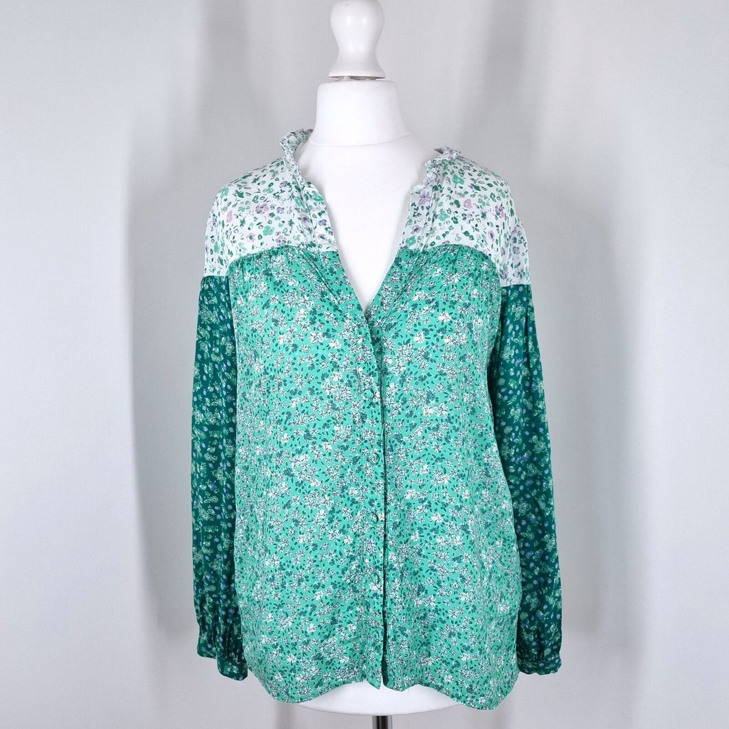 Zara Blouse Floral Ditsy Print Mint Green Boho Frilly Collar Shirt Viscose Small