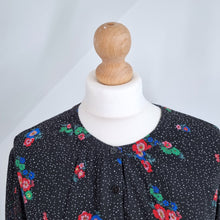 Load image into Gallery viewer, Hush Blouse Floral Print Chiffon Black Long Sleeves Adjustable Waist Top 12
