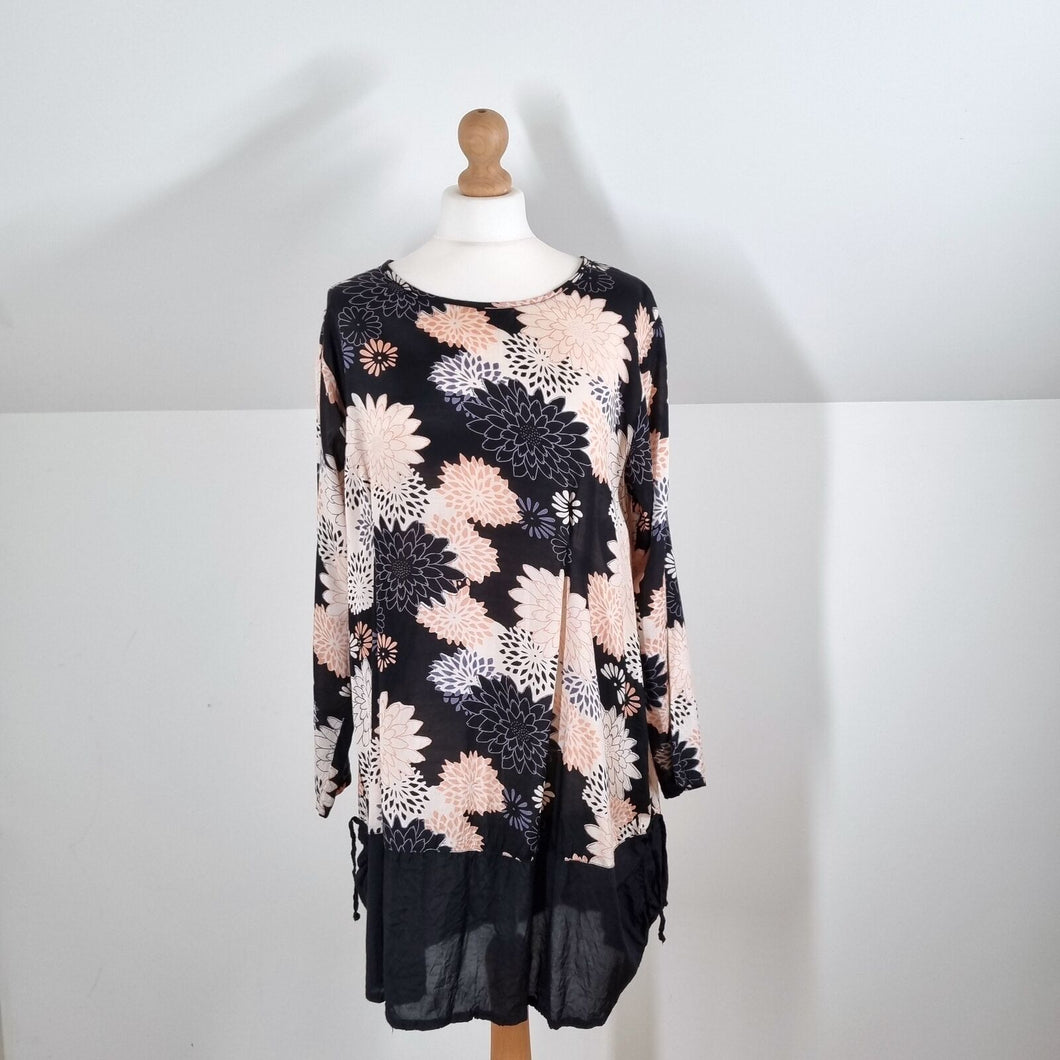 Masai Tunic Floral Top Black Pink Blouse Lagenlook Oversized Mini Dress Small