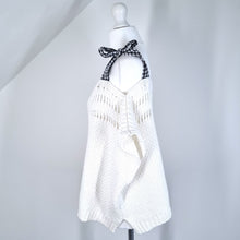 Load image into Gallery viewer, Anthropologie Maeve Jumper Crochet Gingham Bow Cold Shoulder White Cotton Small
