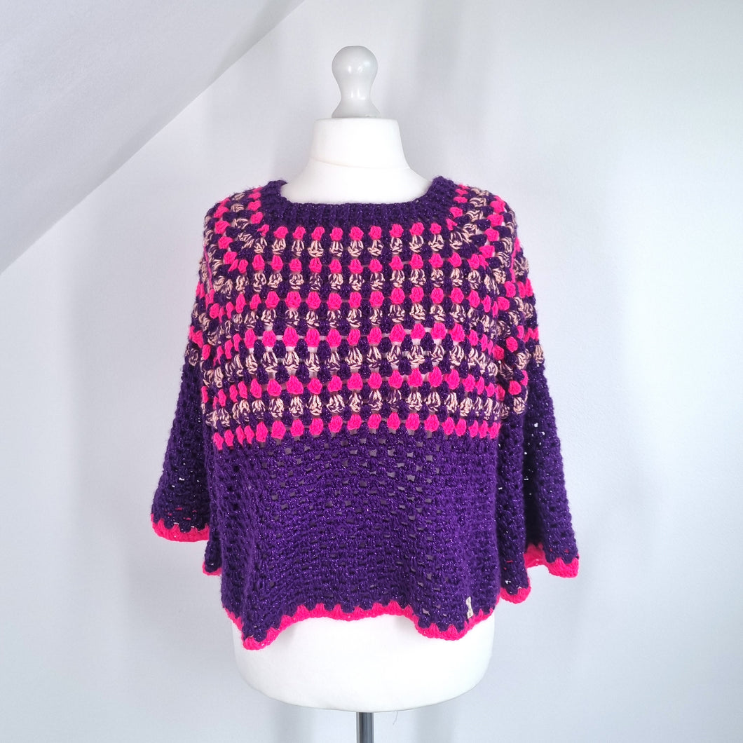 Handmade Crochet Jumper Purple Pink Oversized Chunky Knit Granny 3/4 Sleeve XXL