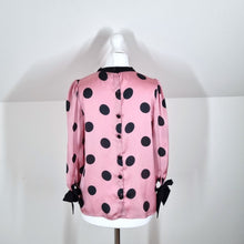 Load image into Gallery viewer, Zara Blouse Satin Polka Dots Pink Black High Neck 3/4 Sleeve Top Retro 50s Small
