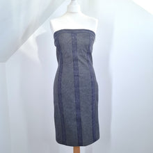 Load image into Gallery viewer, Karen Millen Denim Dress Strapless Corset Back Bodycon Party Blue Pinstriped 12
