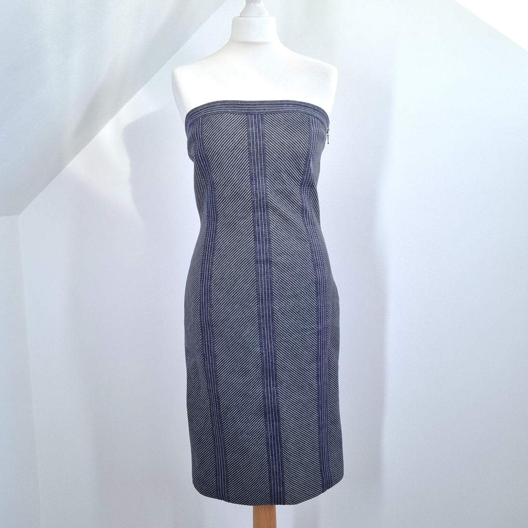 Karen Millen Denim Dress Strapless Corset Back Bodycon Party Blue Pinstriped 12