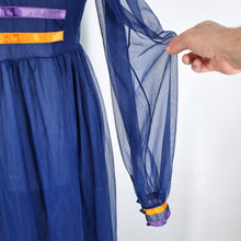 Load image into Gallery viewer, Vintage Maxi Dress 70s Dorothy Perkins Nylon Blue Medieval Sheer Sleeves Fit 6 8
