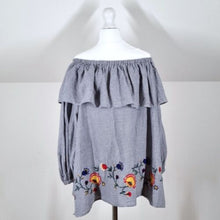 Load image into Gallery viewer, Zara Woman Embroidered Blouse Peasant Gingham Off the Shoulder Long Sleeves XS
