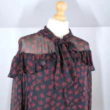 Load image into Gallery viewer, Finery Blouse Pussy Bow Floral Print Navy Ruffles Tie Neck Top Boho Work 10
