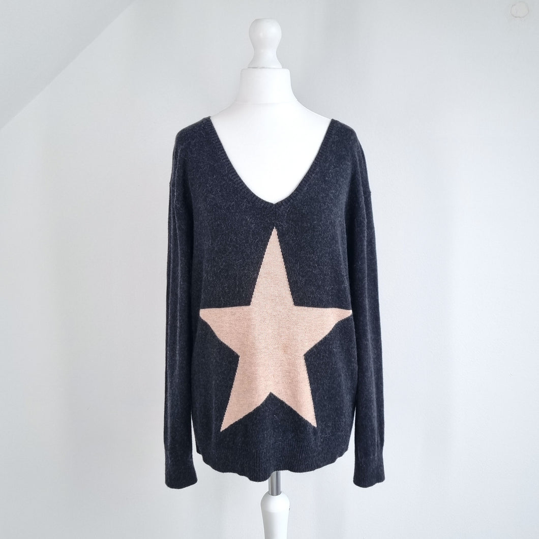 Hush Jumper Star Pattern Dark Grey Bamboo Cotton Wool V Neck Sweater Knit XS